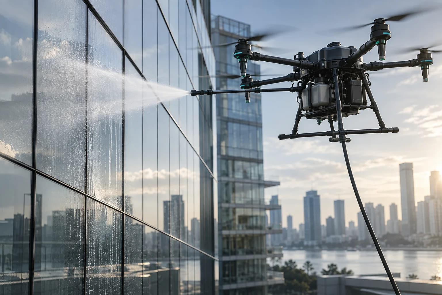 Illustration of a hose-fed cleaning drone working beside a glass building facade