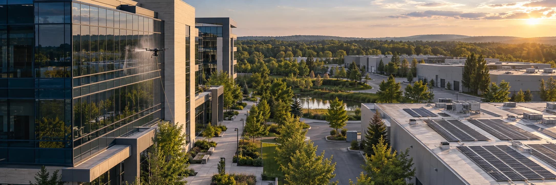 Illustrative commercial campus with glass offices, industrial buildings and rooftop solar panels