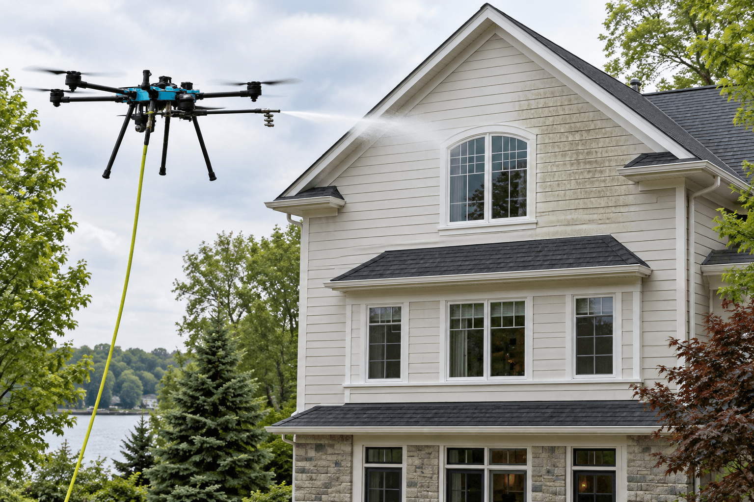 AI illustration of our washing drone cleaning third-storey siding.