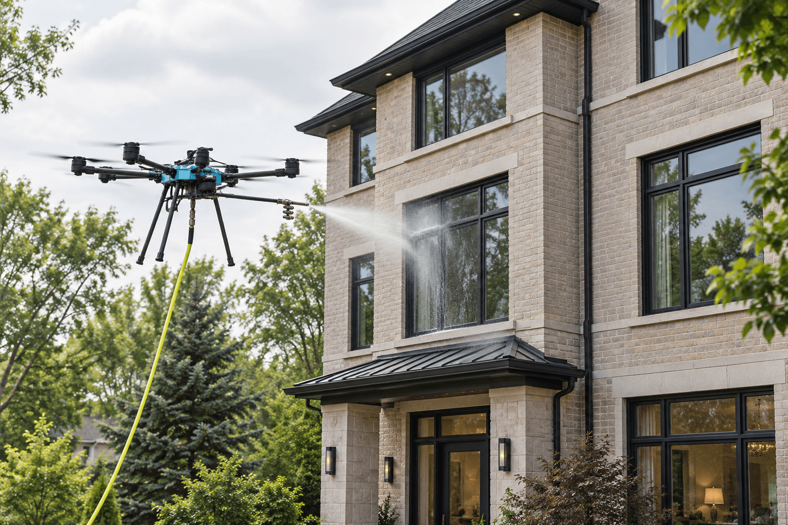 AI illustration of our washing drone cleaning second-storey windows.
