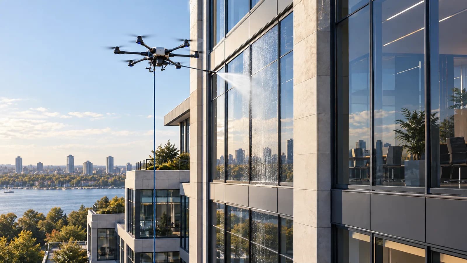 Concept illustration of a hose-fed cleaning drone beside a modern glass building