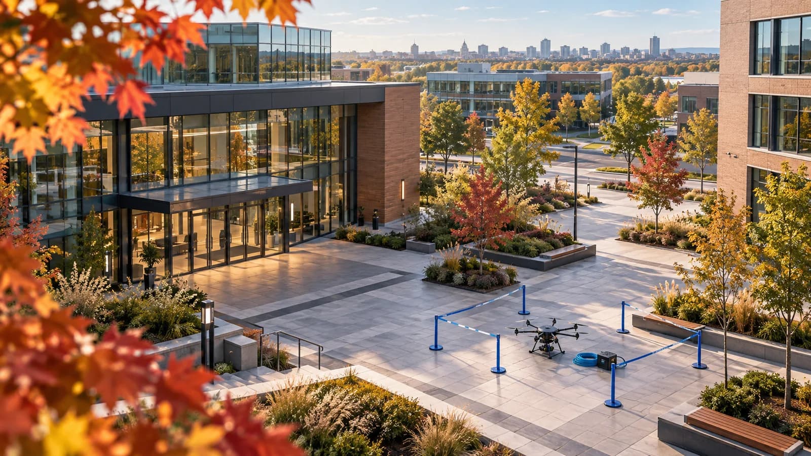 Concept illustration of a grounded drone and a designated preparation area in an autumn office campus